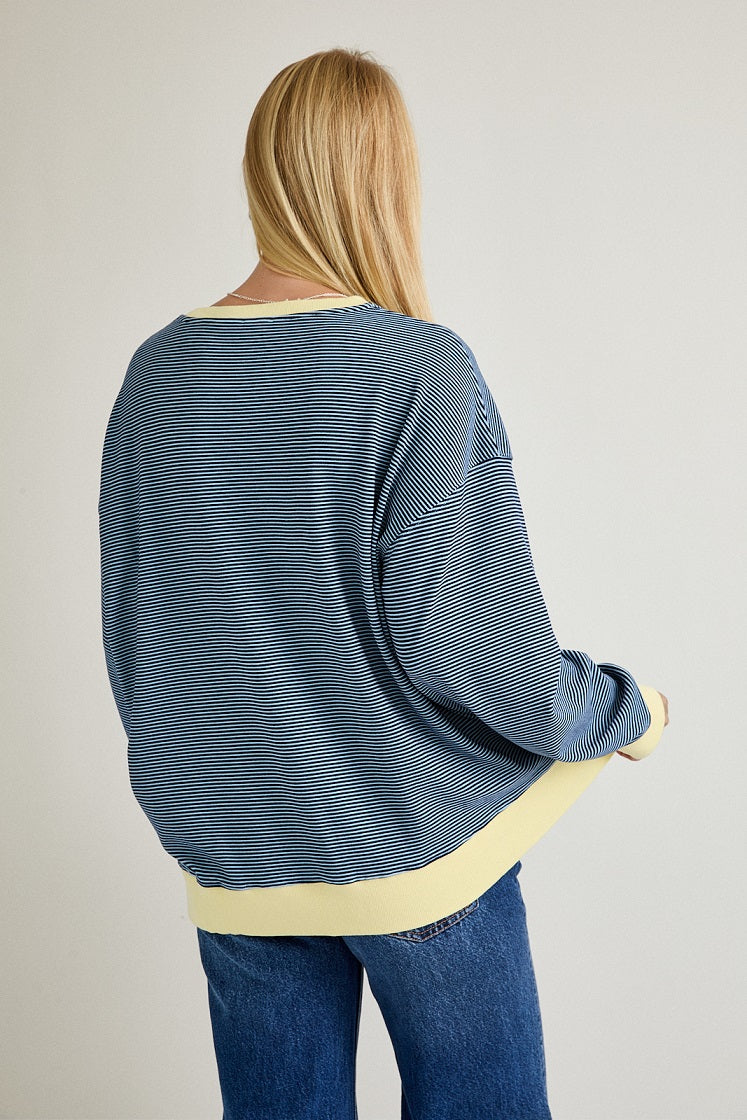 Round Neck Stripe Sweatshirt - Light Blue/Navy