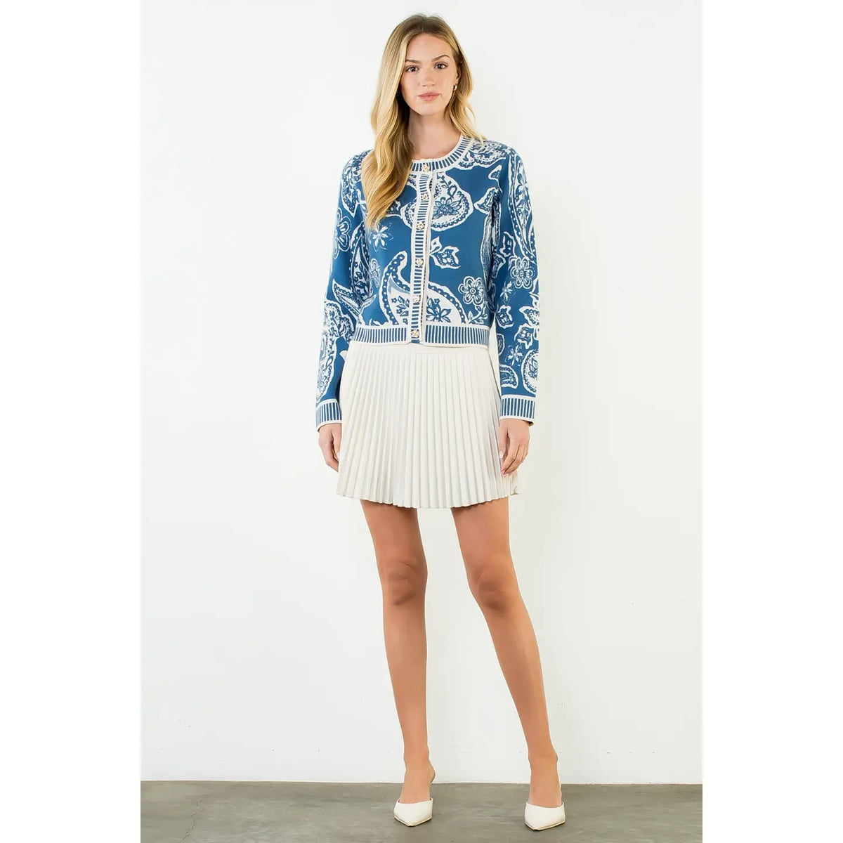 Long Sleeve Paisley Print Knit Cardigan - Blue