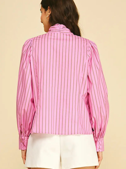 Stripe Bow Tie Detailed Shirt - Pink/Brown