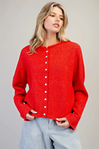 Solid Button Down Long Sleeve Cardigan - Cherry Pop