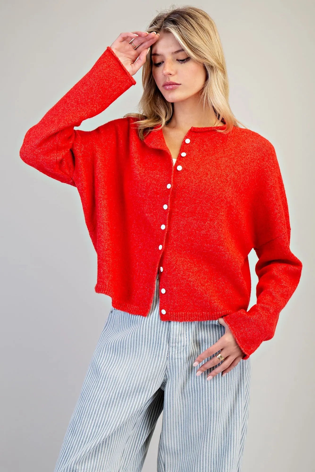 Solid Button Down Long Sleeve Cardigan - Cherry Pop