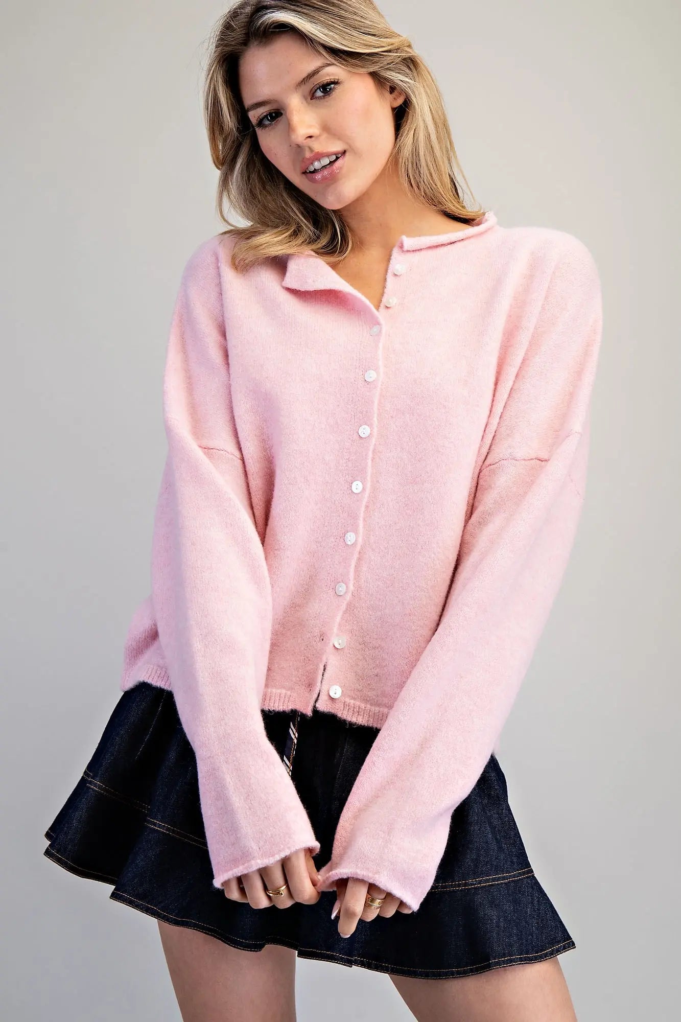 Solid Button Down Long Sleeve Cardigan - Baby Pink