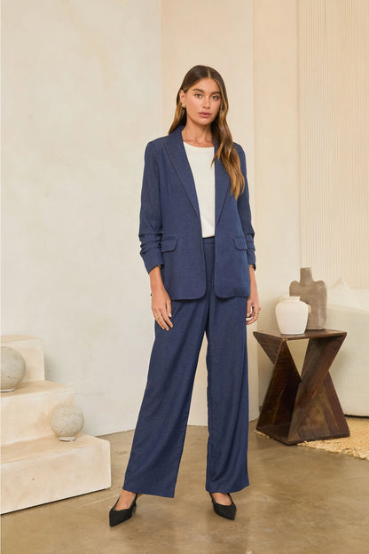 Open-Front Gathered Sleeve Blazer - Denim