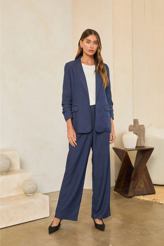 Open-Front Gathered Sleeve Blazer - Denim