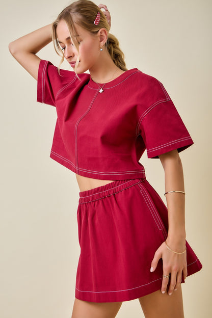 Boxy Cropped Contrast Stitch Detail Top - Maroon