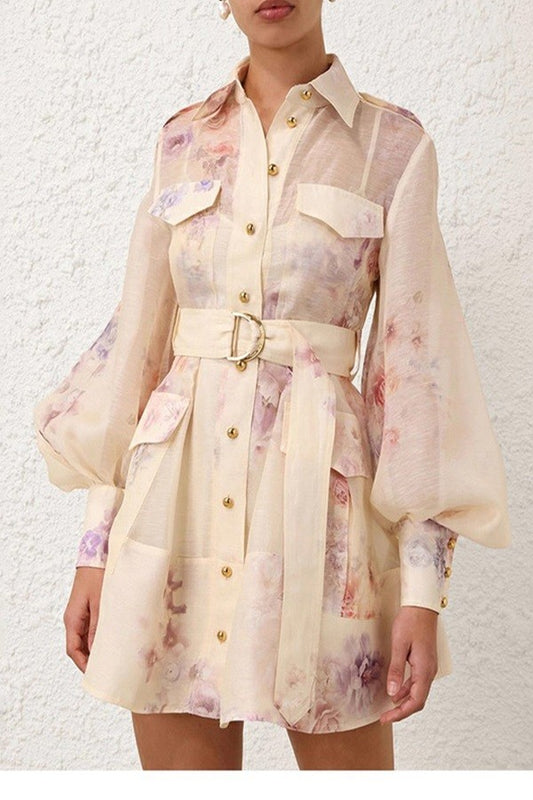 Floral Print Mini Shirt Dress - Apricot