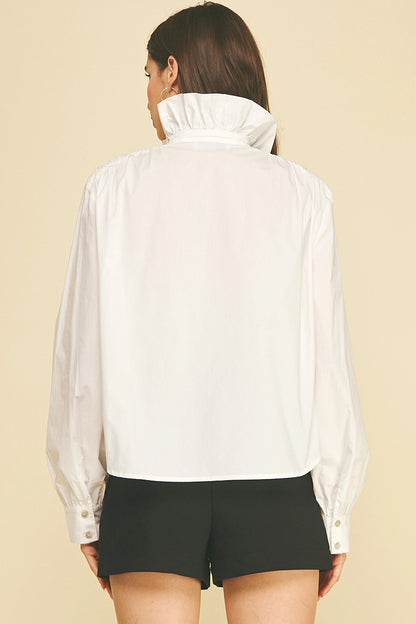 Ruffled High-Neck Button Down Shirt - Off White