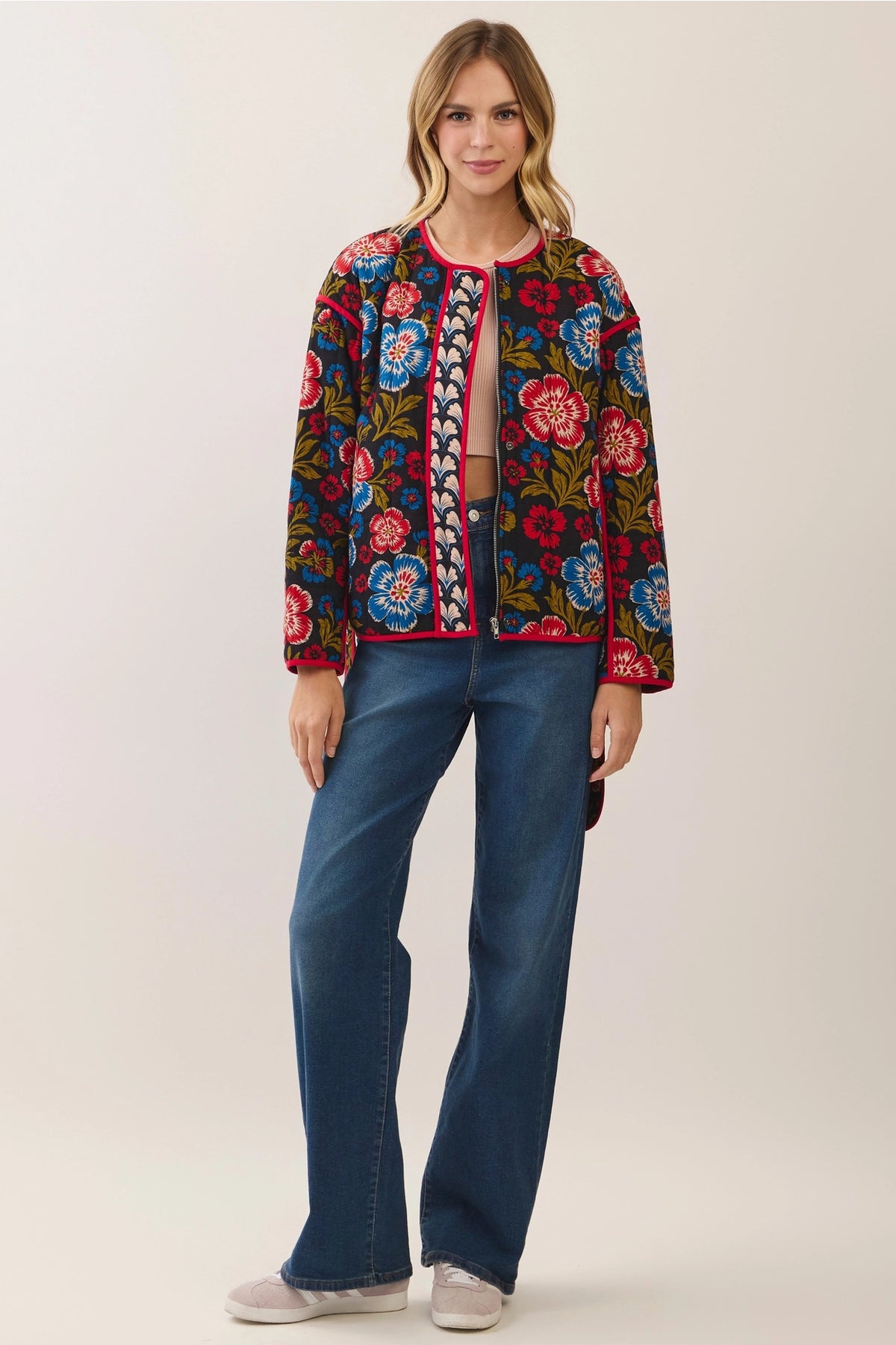 Floral Print Belted Jacket - Black