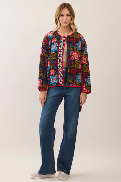 Floral Print Belted Jacket - Black