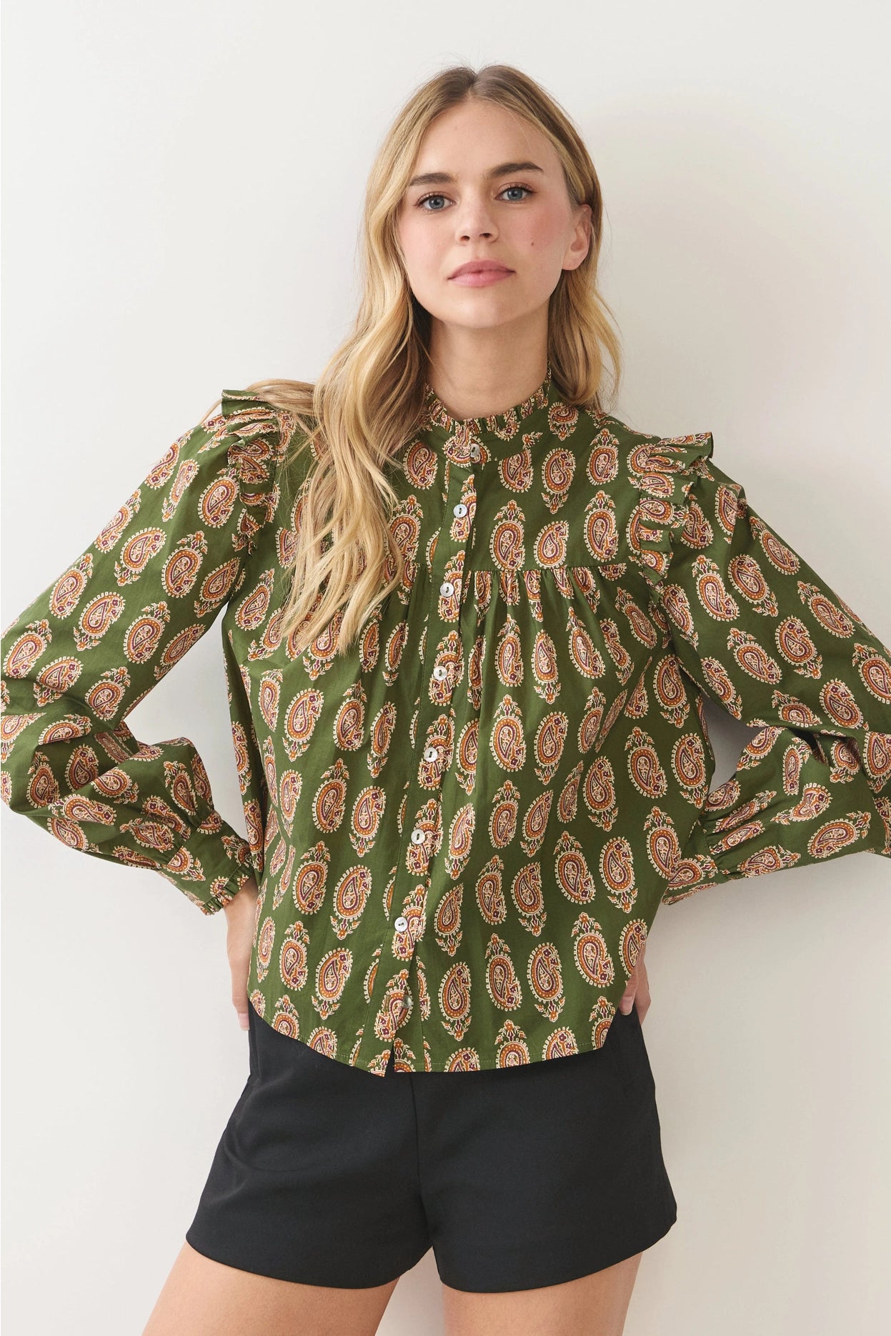 Paisley Print Button Down Shirt - Olive