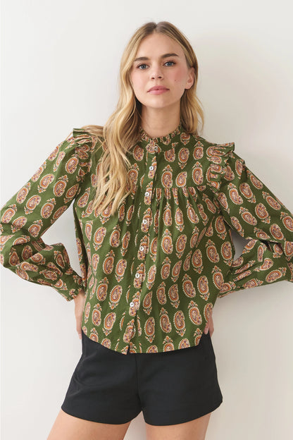 Paisley Print Button Down Shirt - Olive