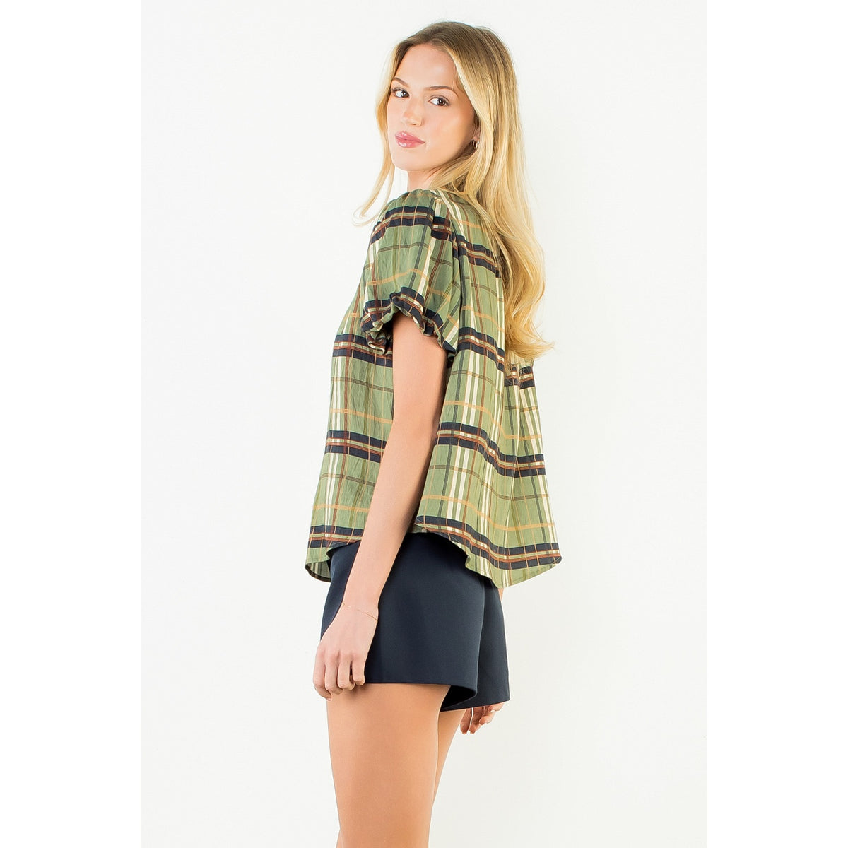 Ruffled Neck Plaid Top - Olive