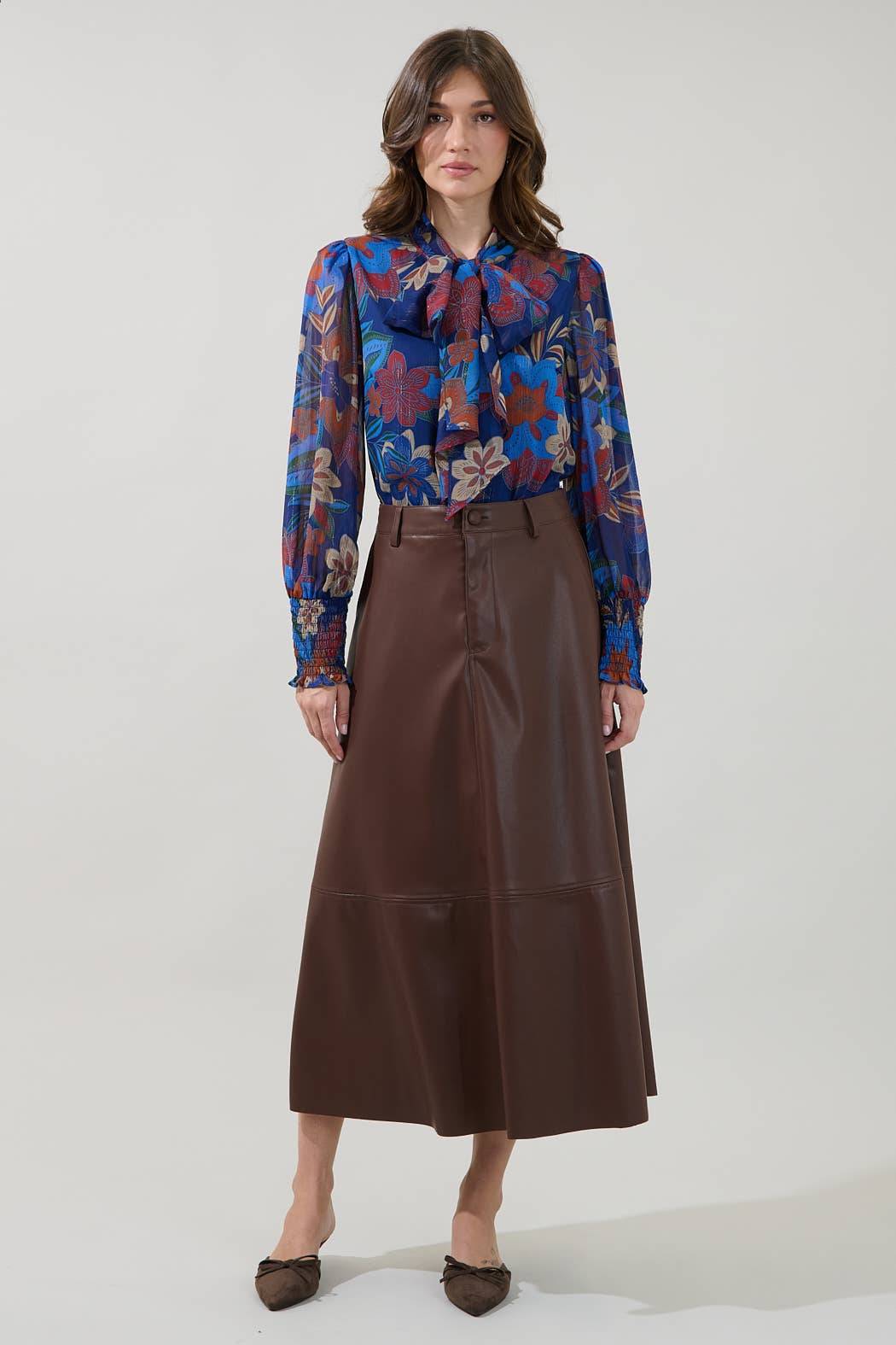 Etienne Tie Neck Long Sleeve Blouse Floral - Navy Multi