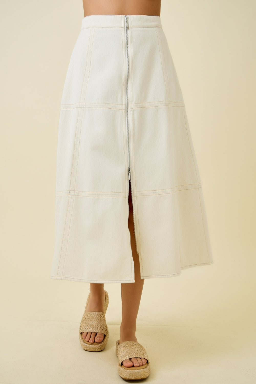 Front Zip Denim Midi Skirt - Oatmeal