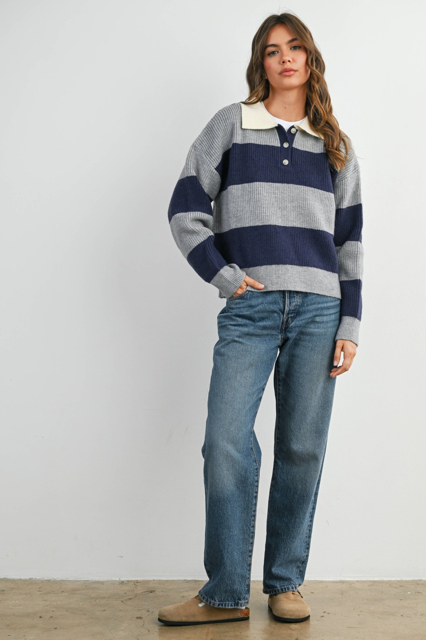 Buttoned Striped Collared Long Sleeve Top - Grey/Navy