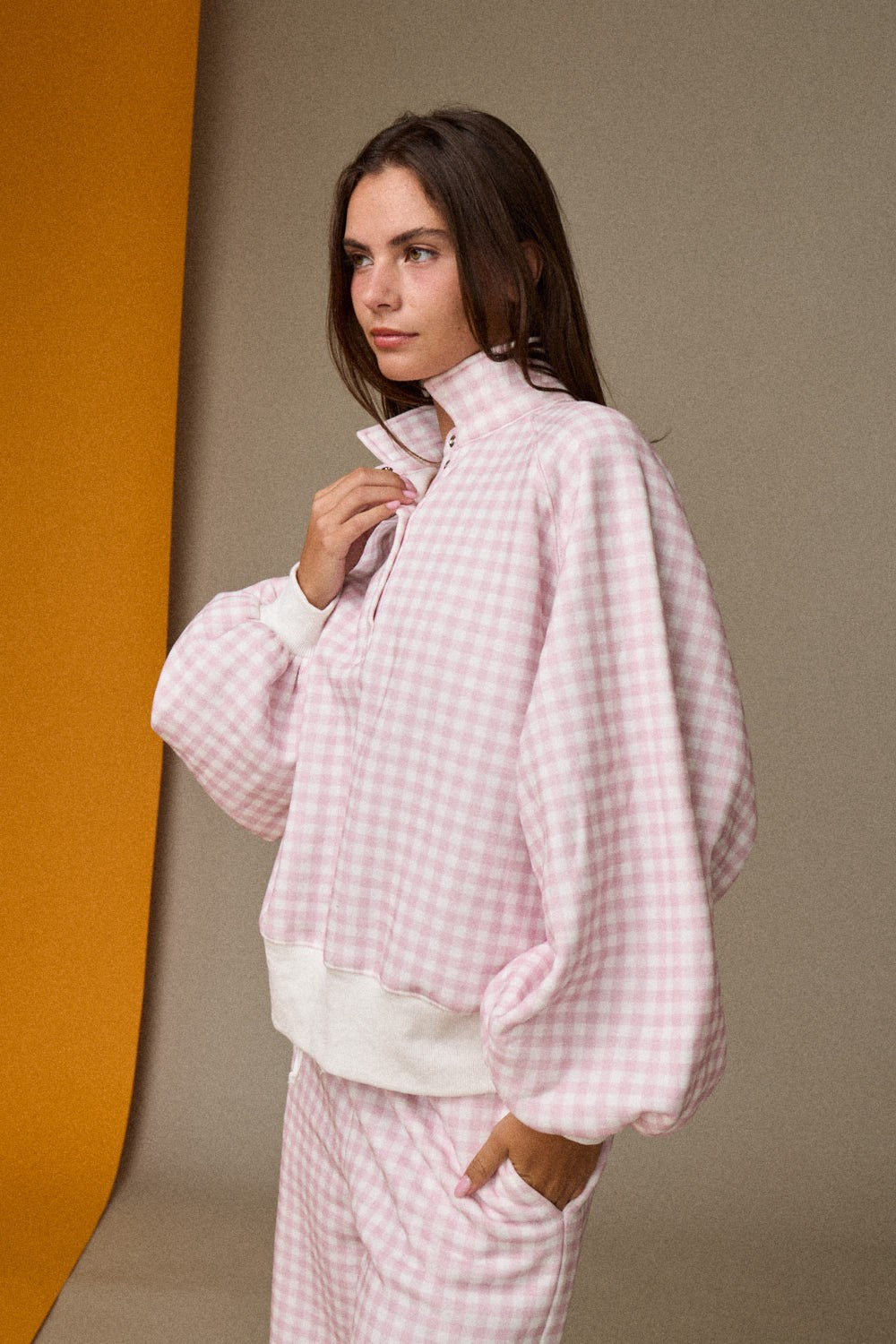 Gingham Quarter-snap Pullover - Pink/White