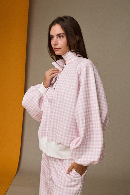 Gingham Quarter-snap Pullover - Pink/White