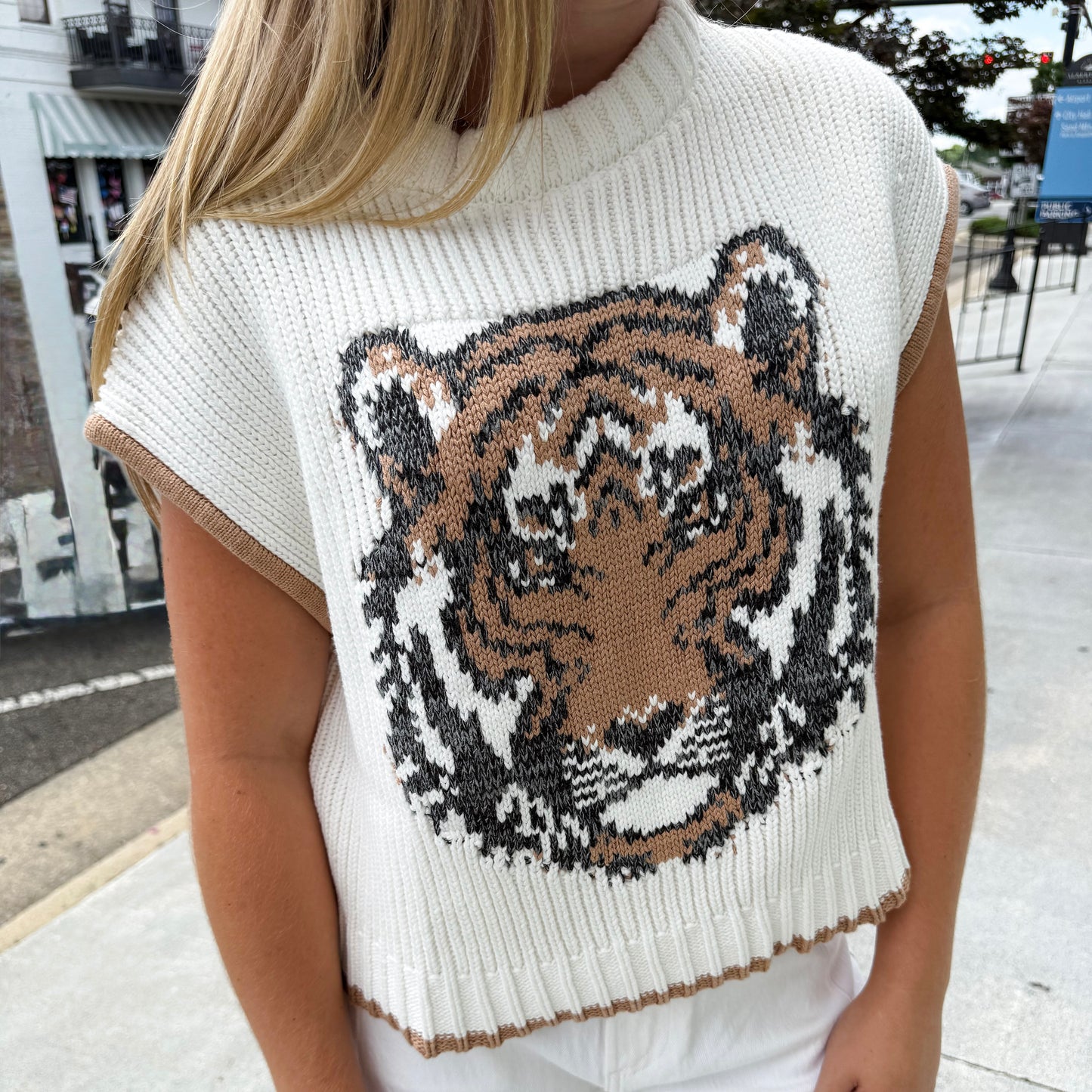Game Day Tiger Intarsia Sweater Vest - Ivory/Brown