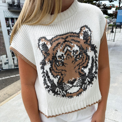 Game Day Tiger Intarsia Sweater Vest - Ivory/Brown