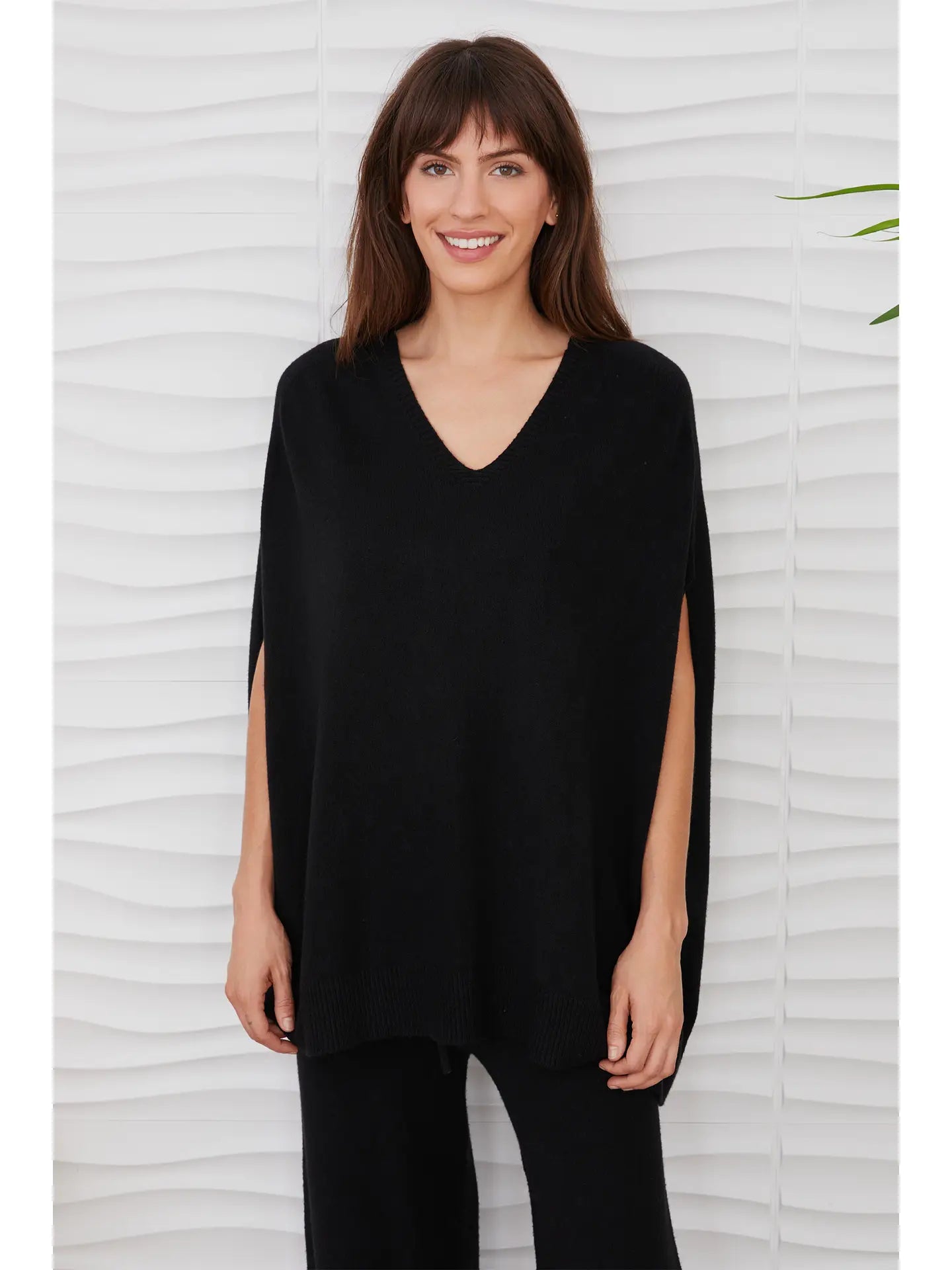 Knit Oversized V-Neck Poncho Sweater - Black