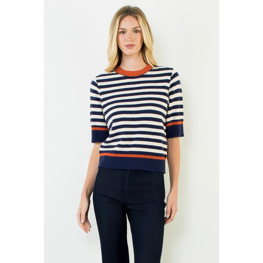 Stripe Short Sleeve Sweater Top - Navy/Orange