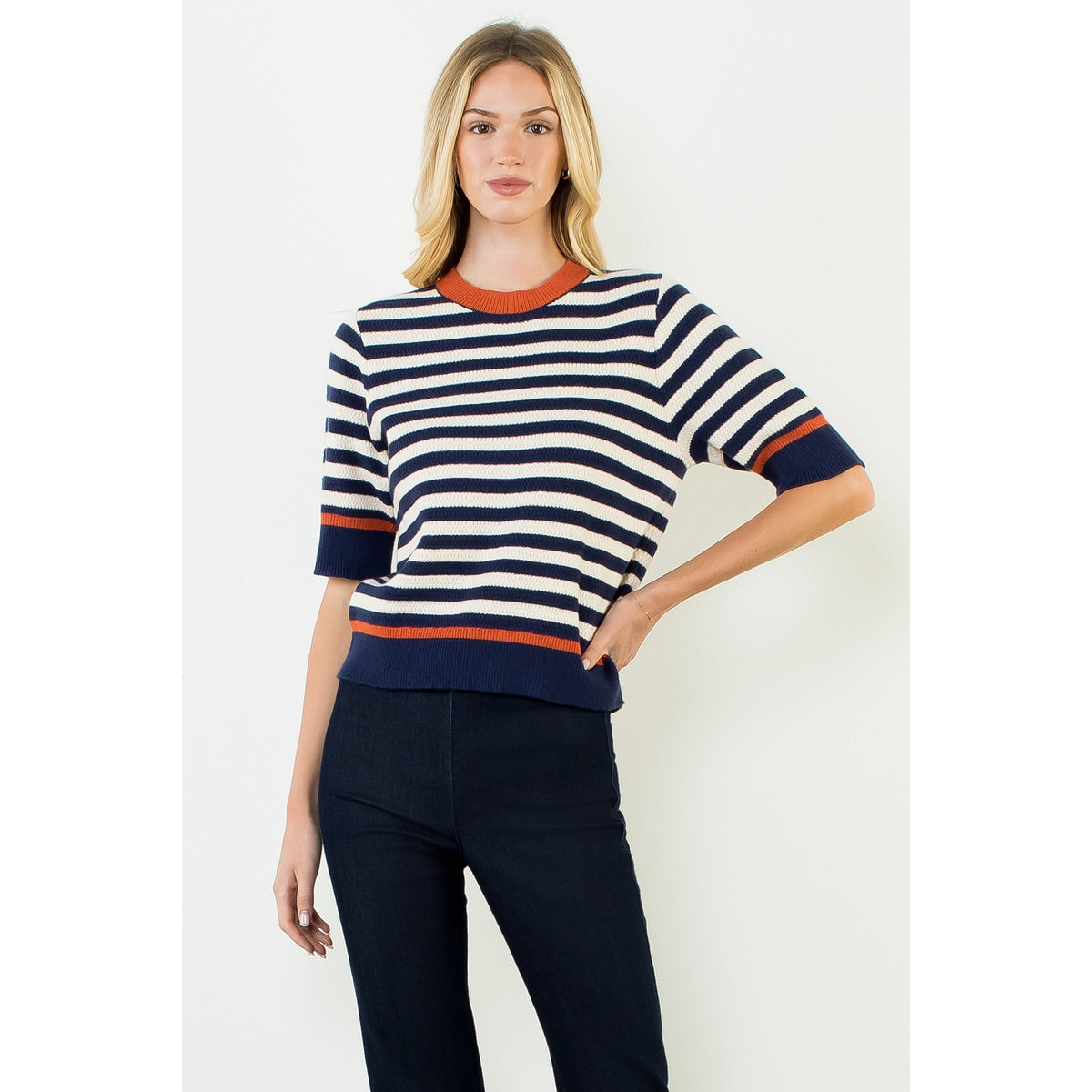 Stripe Short Sleeve Sweater Top - Navy/Orange