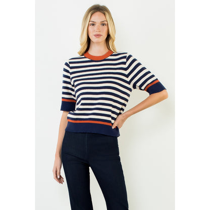 Stripe Short Sleeve Sweater Top - Navy/Orange