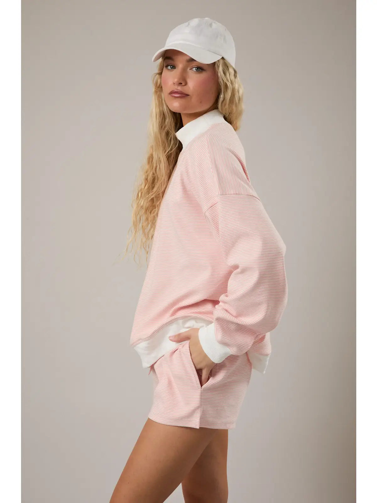 Mock Neck Stripe Sweatshirt Top - Peach/Cream