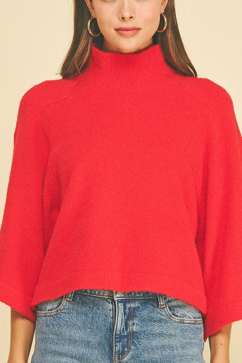 Wide Sleeve Mock Neck Sweater - Red