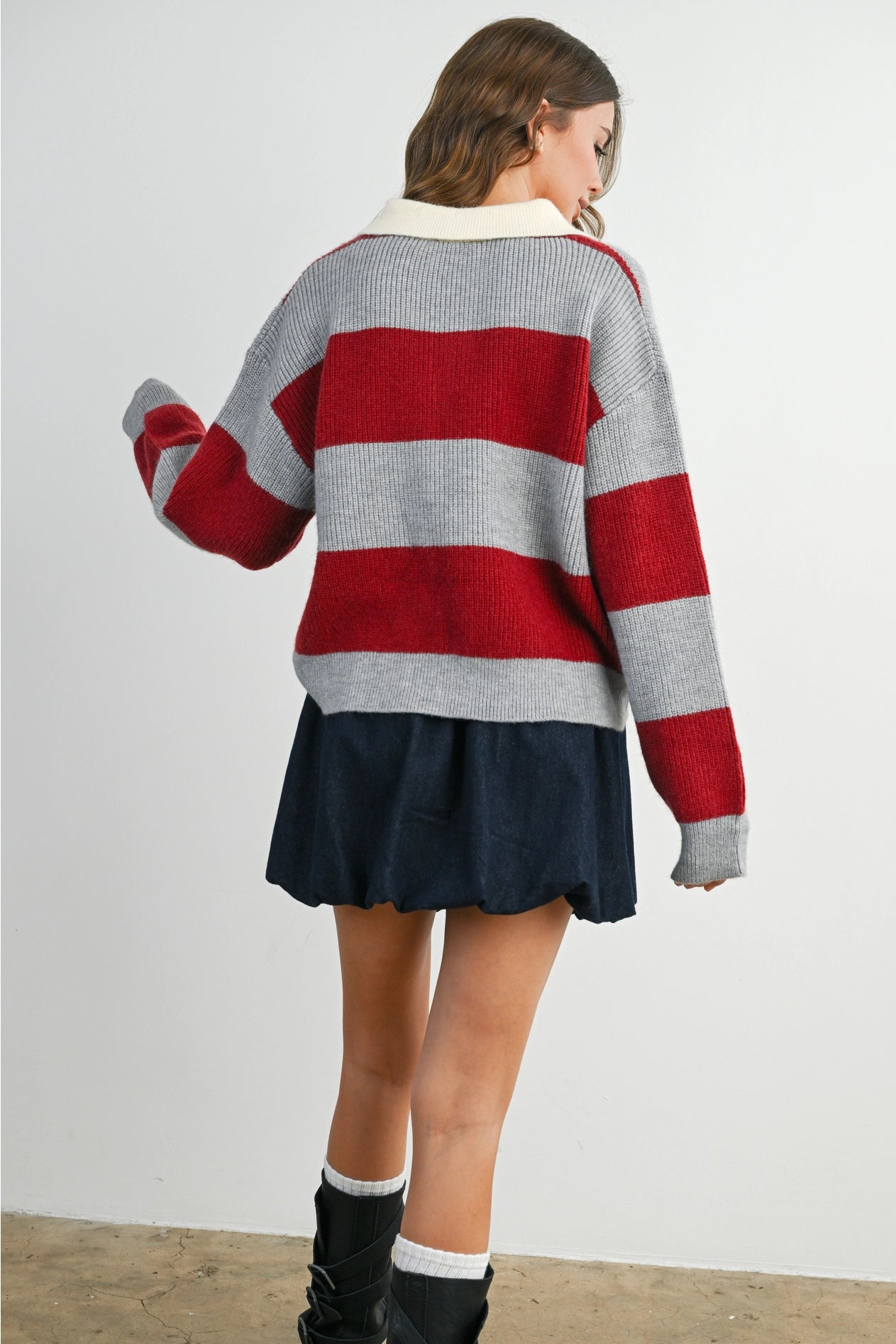 Buttoned Striped Collared Long Sleeve Top - Grey/Burgundy