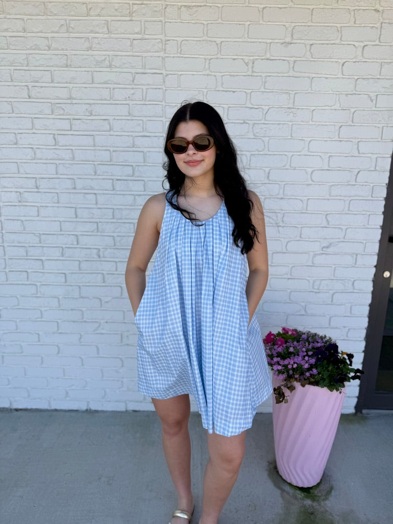 Gingham A-Line Mini Dress - Baby Blue