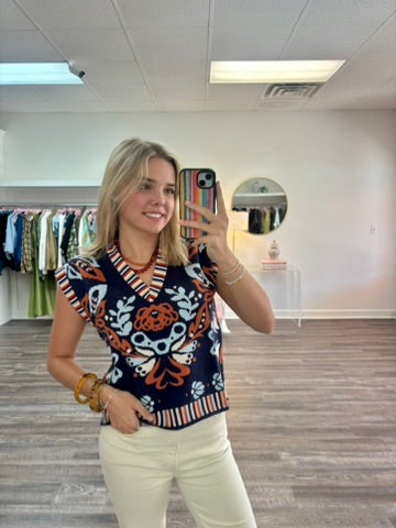Flower Print with Stripe Detail Vest Top - Navy