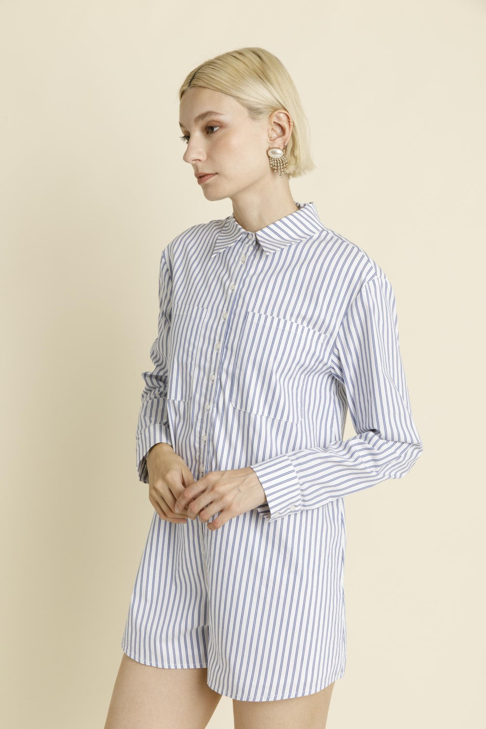 Oversized Stripe Shirt Romper - Blue