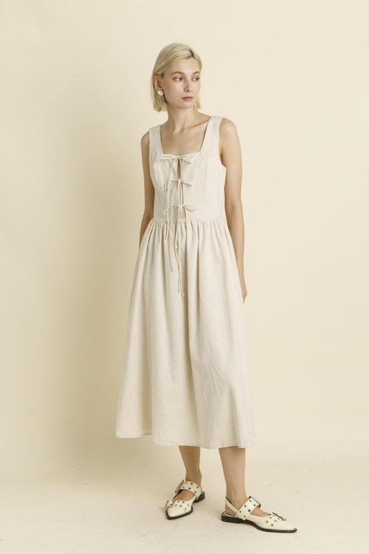 Linen Midi Dress with Ties - Oatmeal