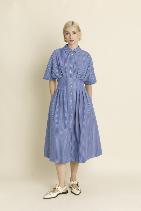 Button Front Pleated Midi Shirt Dress - Blue