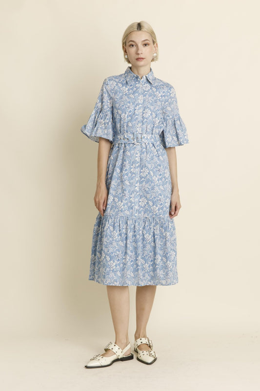 Floral Belted Shirt Dress - Blue