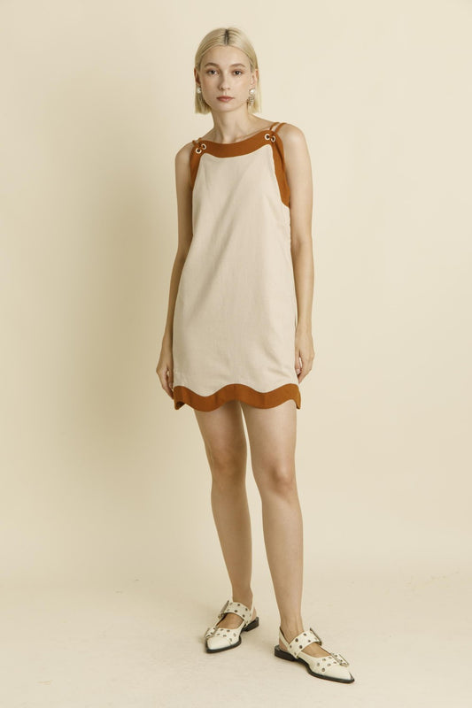 Linen Wave Hem Mini Dress - Natural