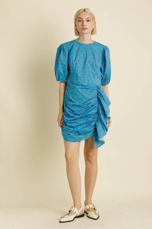 Ruched Sash Mini Dress - Blue