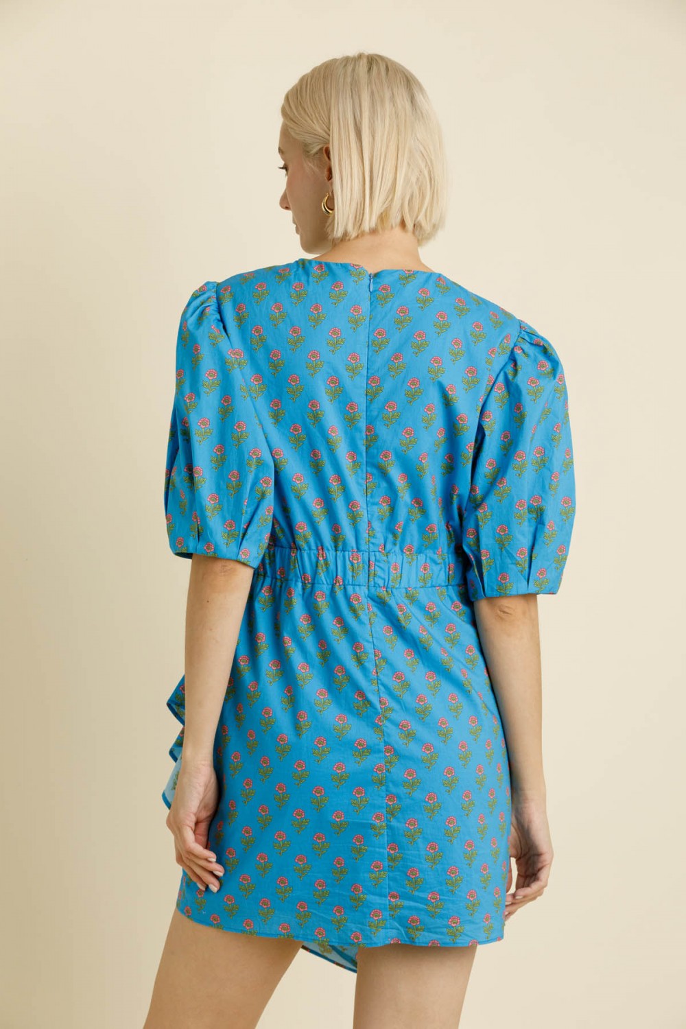 Ruched Sash Mini Dress - Blue