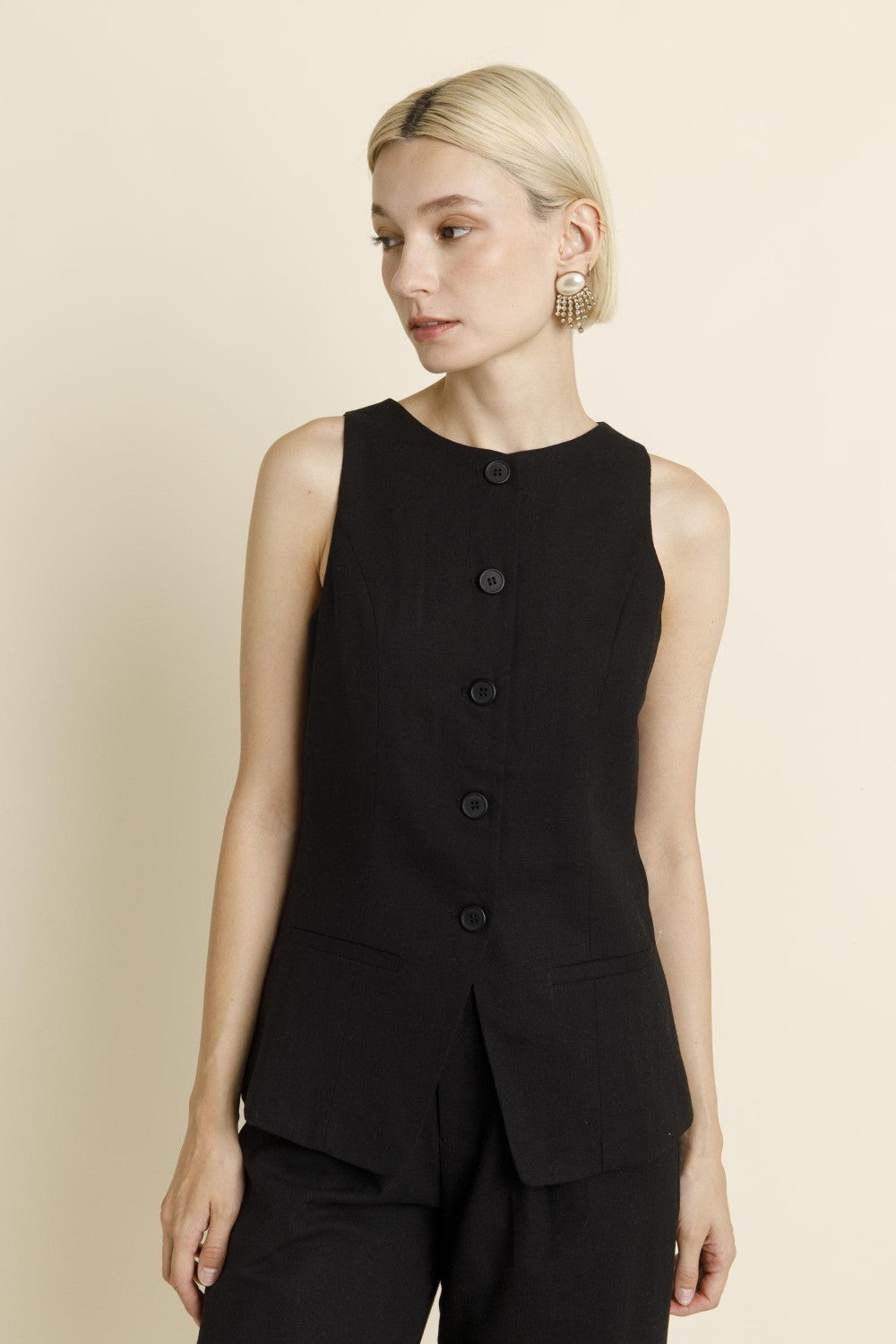 Sleeveless Linen Vest - Black