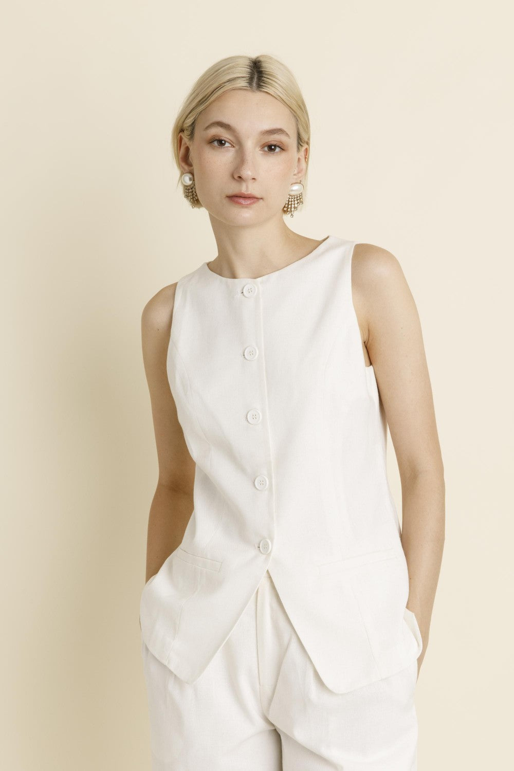 Sleeveless Linen Vest - Ivory