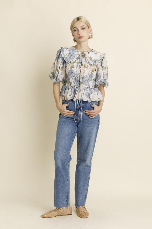 Floral Oversized Collar Blouse - Blue Peony