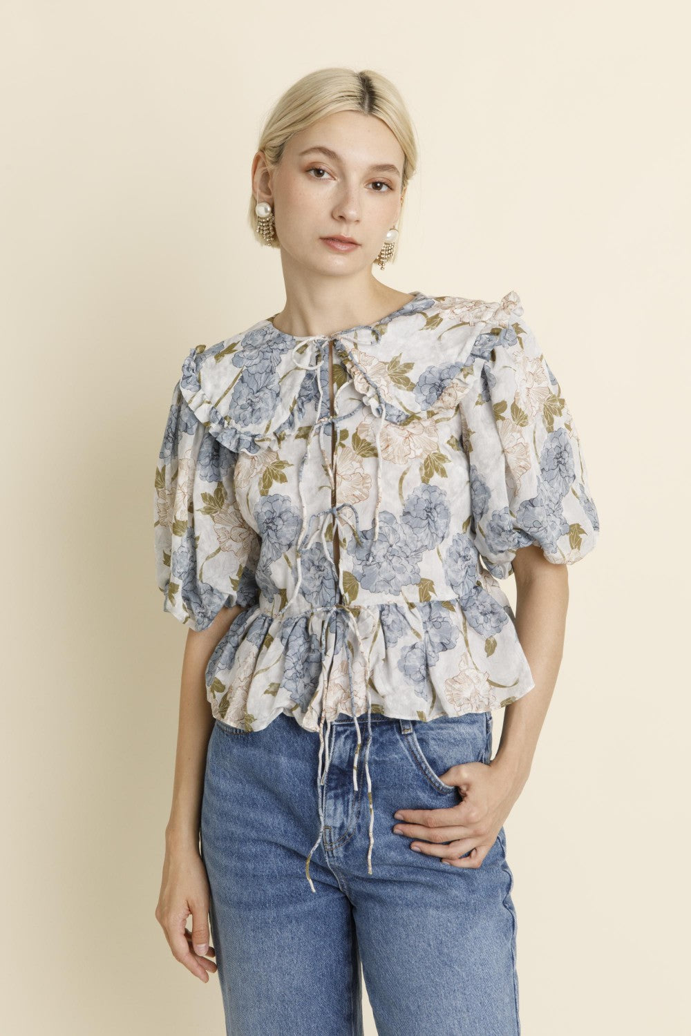 Floral Oversized Collar Blouse - Blue Peony