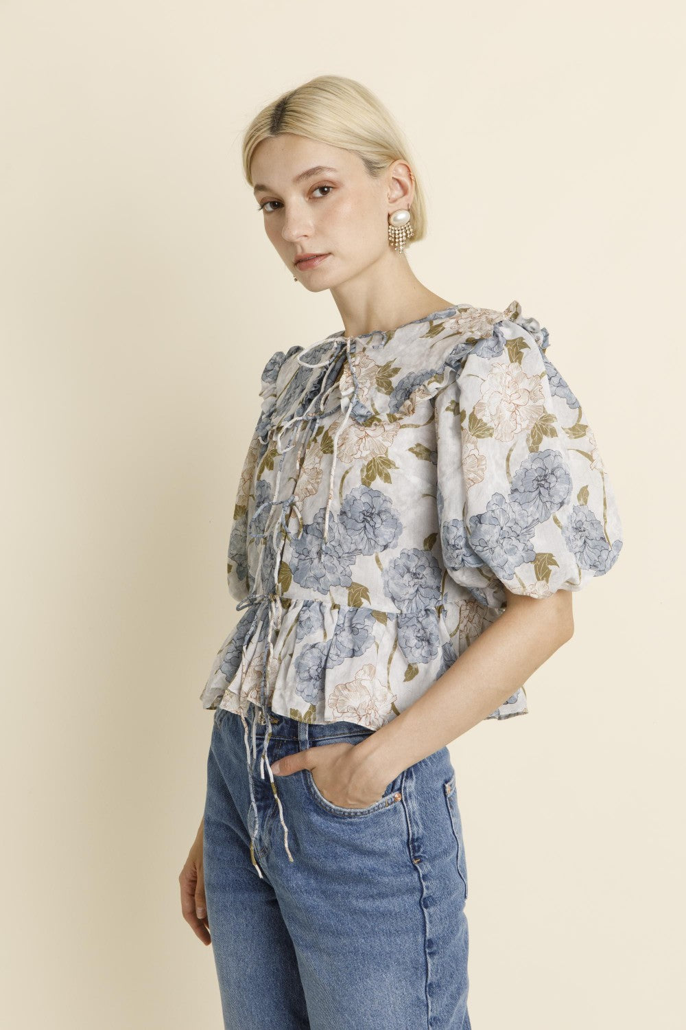 Floral Oversized Collar Blouse - Blue Peony