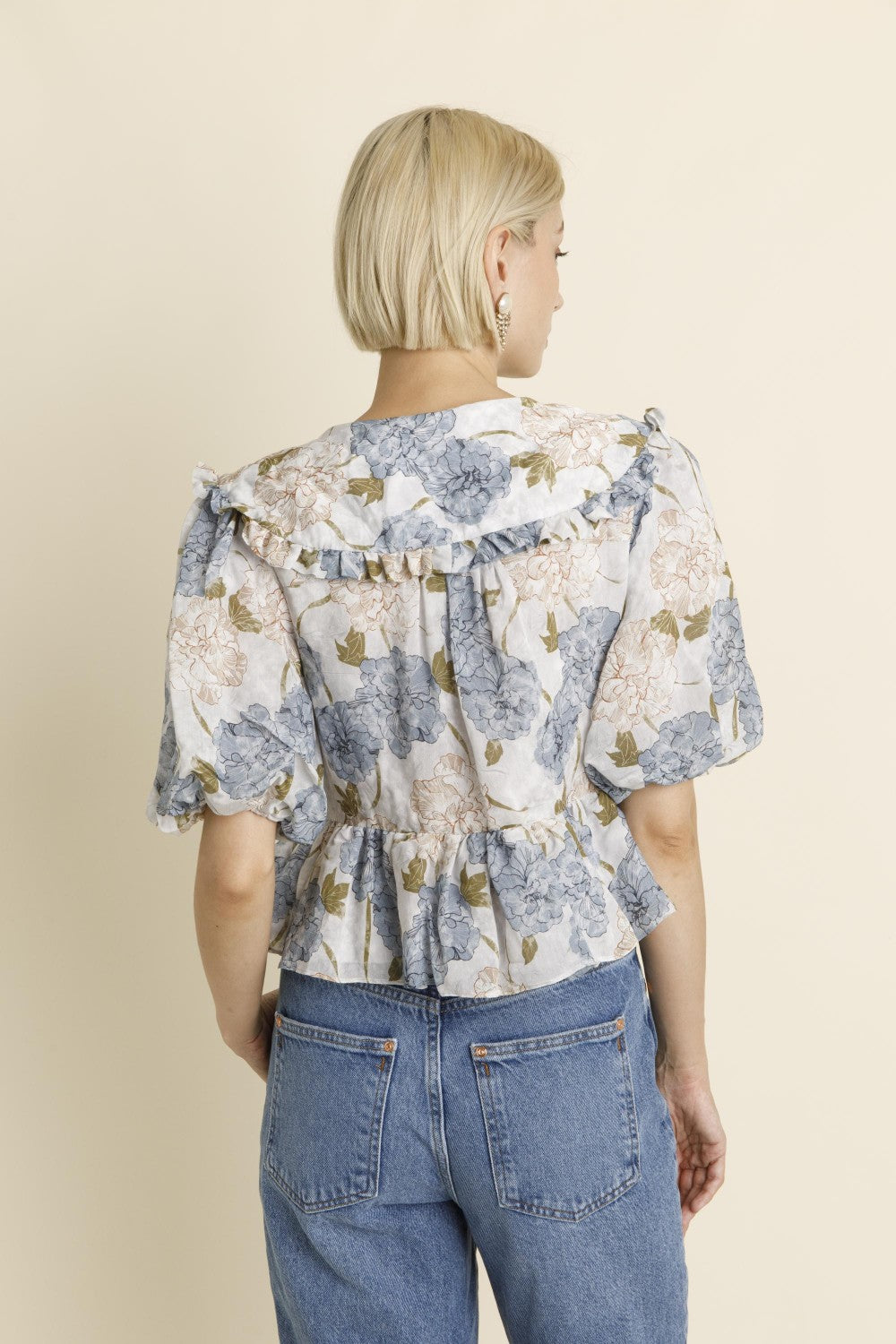 Floral Oversized Collar Blouse - Blue Peony