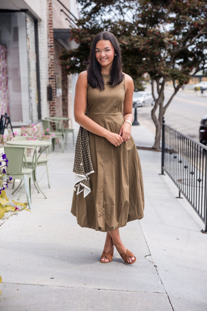 Midi Dress with Scarf Overlay - Olive
