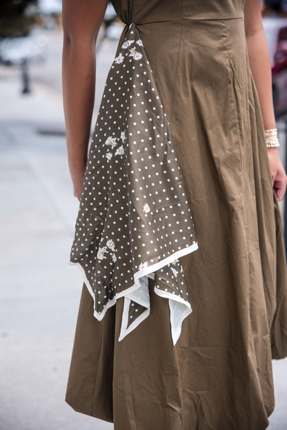 Midi Dress with Scarf Overlay - Olive