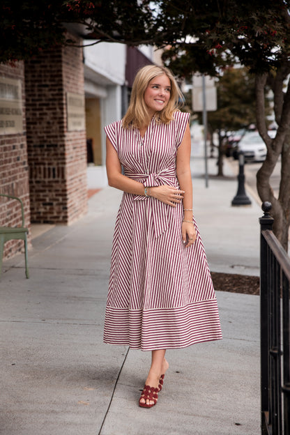 Striped Cap Sleeve Midi Dress - Burgundy