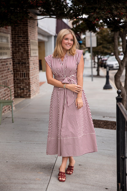 Striped Cap Sleeve Midi Dress - Burgundy