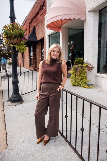 Sleeveless Center Seam Turtleneck Top - Brown